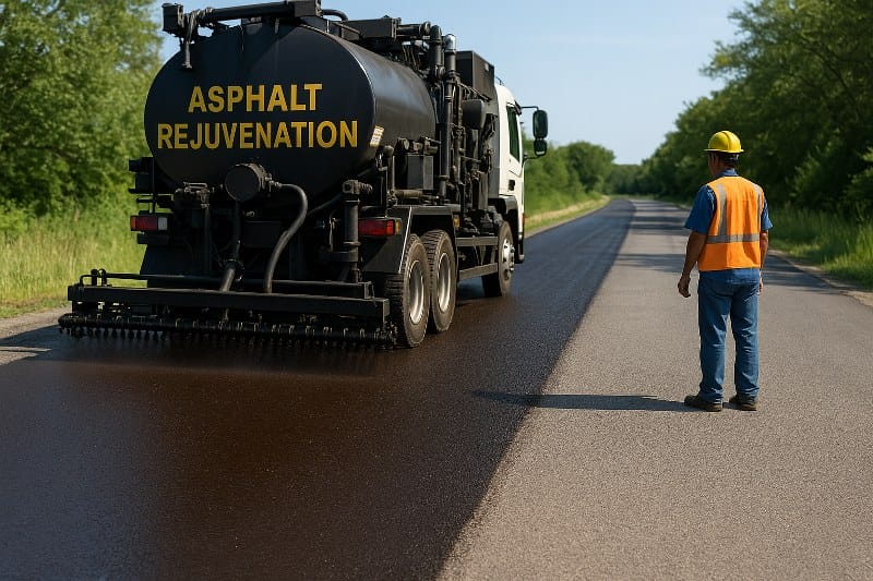 Asphalt rejuvenation truck applying treatment to a road surface with a clear contrast between restored and untreated asphalt, worker observing the process
