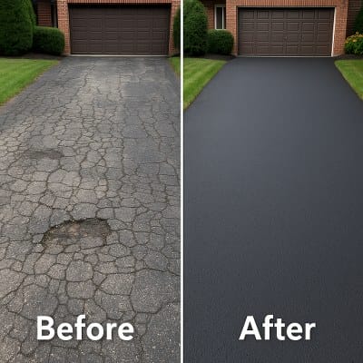  Before and after tar surfaces on suburban driveway
