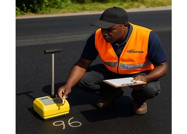 StimTar technician inspecting asphalt quality using a density gauge and clipboard on a completed road surface.
