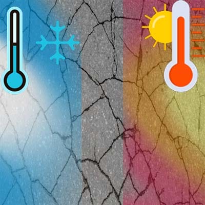Cracked asphalt surface showing damage from extreme temperature fluctuations between hot and cold weather