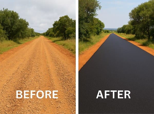 Side-by-side before and after comparisons of road upgrades: a gravel road transformed into a smooth tar surface, a dirt farm road newly paved,