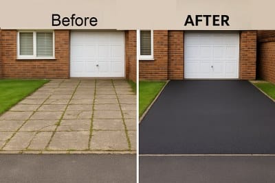 Side-by-side comparison of the same residential driveway before and after resurfacing—left side shows cracked, uneven paving slabs with grass growing in between; right side shows the same driveway perfectly tarred with a smooth, black asphalt finish and neatly edged grass.