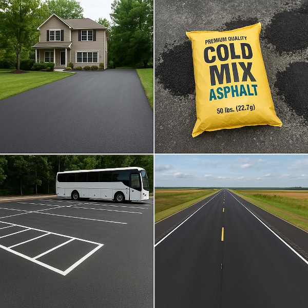 Collage of four types of tar road projects: a newly paved residential driveway for property developers, a yellow bag of cold mix asphalt for contractors, a tarred parking lot with a parked bus for businesses, and a long, straight highway tar road for municipalities.