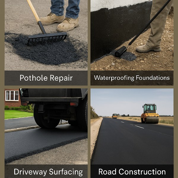 Collage of four images showing different uses of bitumen: top-left image depicts pothole repair with bitumen being raked into a road hole; top-right shows foundation waterproofing with bitumen being applied to a wall base; bottom-left displays driveway surfacing with fresh bitumen under a truck; bottom-right shows road construction with smooth bitumen surface and a road roller in the background.