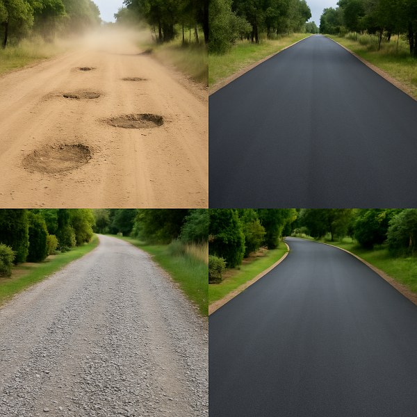 Tarring of road for collage showing two sets of before-and-after road transformations. The top left image shows a dusty rural road with potholes; the top right shows the same road smoothly tarred. The bottom left image shows a bumpy gravel road; the bottom right displays the same road newly paved with smooth asphalt.